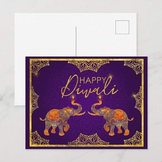 Carte Postale Eléphants violets et or Joyeux Diwali (Devant / Derrière)