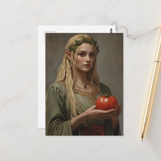 Carte Postale Elfe avec une tomate (Devant/Arrière en situation)