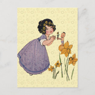 Carte Postale Elfe de jardin Jonquille Féerie Printemps Pâques
