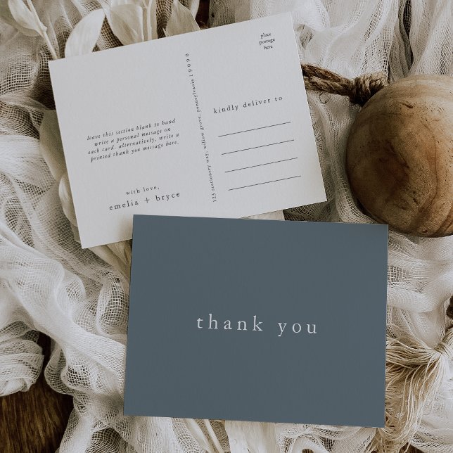 Carte Postale EMELIA Minimal Dusty Bleu Rustique Merci Mariage (EMELIA Minimal Dusty Blue Rustic Wedding Thank You Postcard)