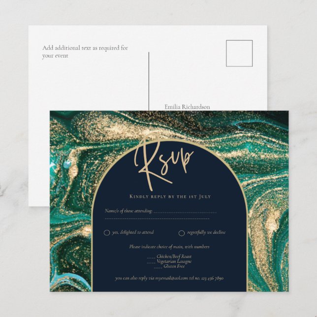 Carte Postale Emerald Green Or Agate Marbre Mariage RSVP (Devant / Derrière)