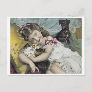 Carte Postale Emulsion écossaise petite fille avec chien et chat