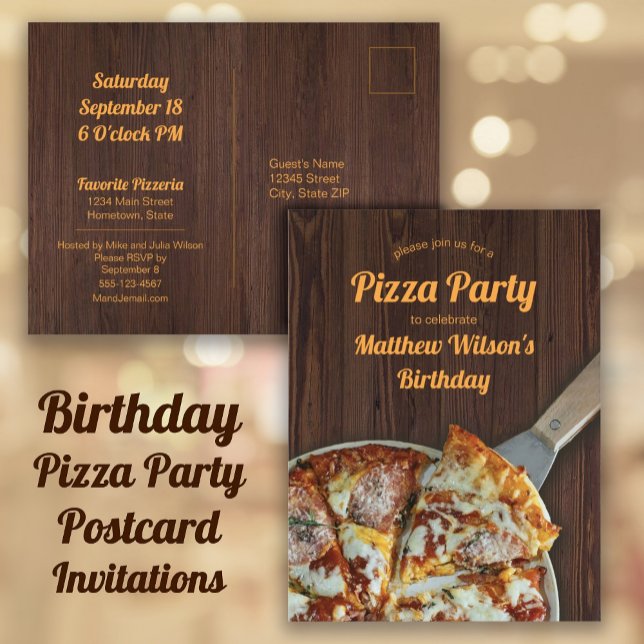 Carte postale en bois rustique pour fête d'anniver (Birthday Pizza Party Invitations for a child, teen, or adult birthday party.)