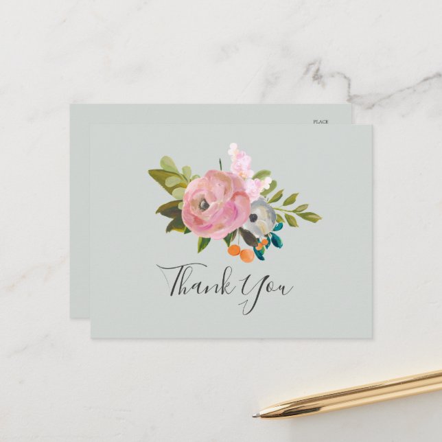 Carte postale en Merci floral peint (Devant/Arrière en situation)