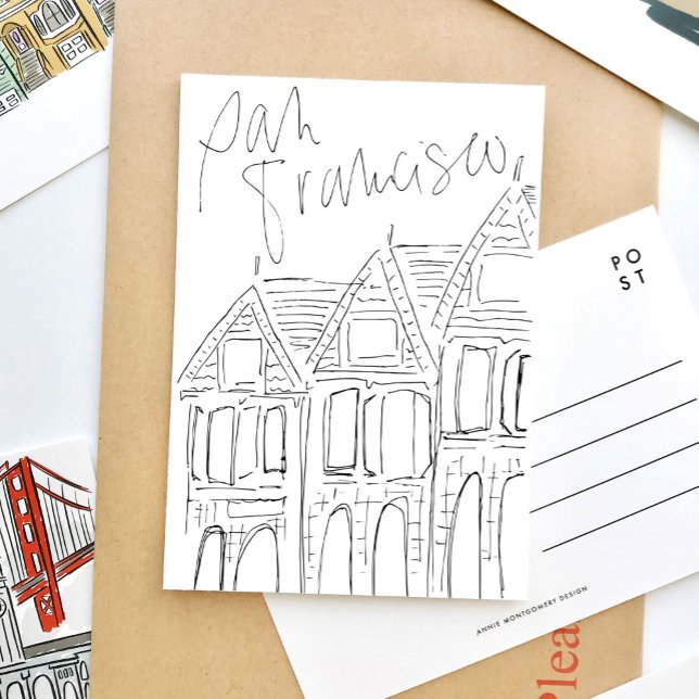Carte postale en noir et blanc de San Francisco (Black and white hand drawn San Francisco travel postcard.)