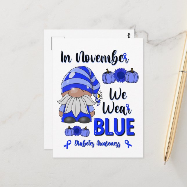 Carte Postale En Novembre Nous Portons Bleu : Gnome Sensibilisat (Devant/Arrière en situation)