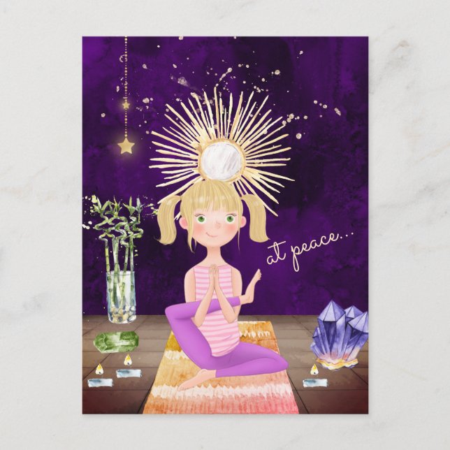 Carte Postale En Paix Méditer Blond Yoga Girl and Crystals (Devant)