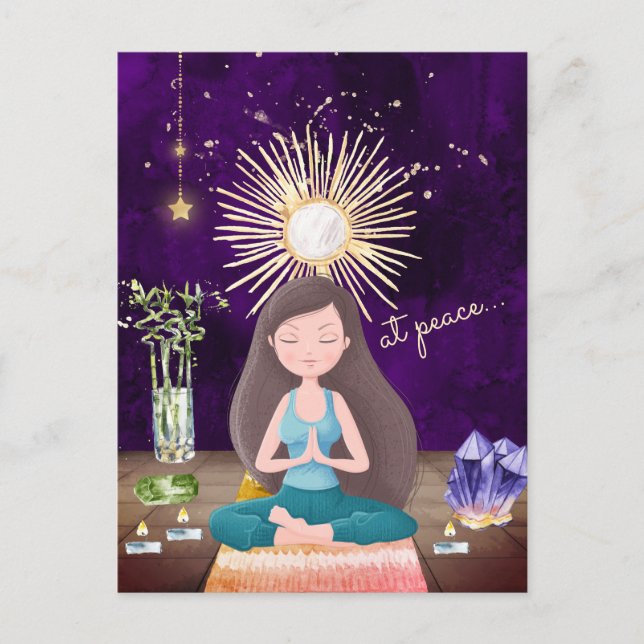 Carte Postale En Paix Méditer Yoga Girl et Crystals (Devant)