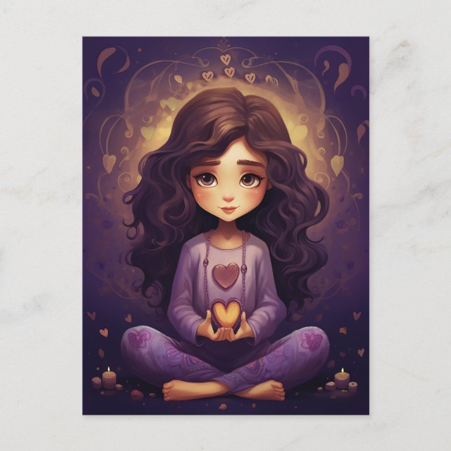 Carte Postale En Paix Plutôt Méditant Yoga Girl Purple Coeurs (Devant)