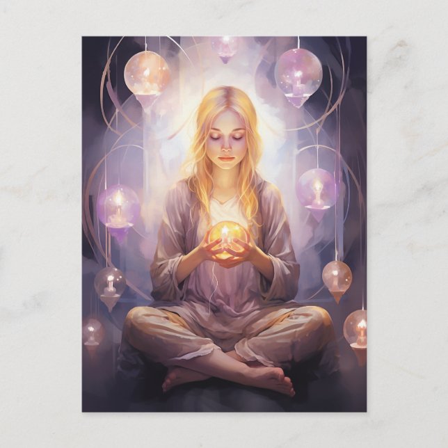 Carte Postale En Paix Plutôt Méditer Yoga Girl Purple Gold (Devant)