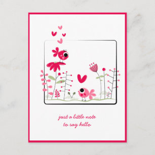 Carte Postale En pensant à vous Oiseaux roses Fleurs fantaisiste