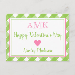 Carte Postale en vichy Monogramme Personnalisé Valentine's Cards