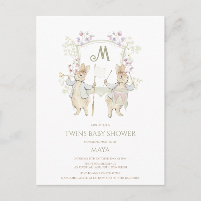 Carte Postale en vichy Peter the Rabbit Twins Baby shower Budget (Devant)
