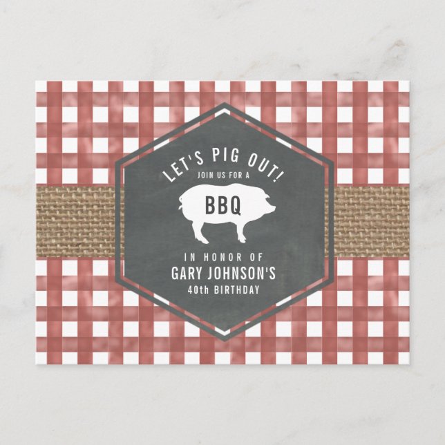 Carte Postale En vichy rouge Cochon Burlap Anniversaire Bbq (Devant)