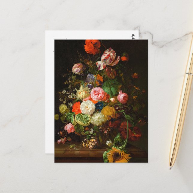 Carte Postale Encore vie de roses, tulipes, un tournesol, 1710 (Devant/Arrière en situation)