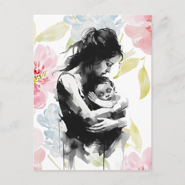Carte Postale encre Abstraite mère et enfant et aquarelle (Devant)