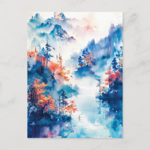 Carte Postale Encre aquarelle de paysage chinois sur un lac