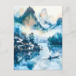 Carte Postale Encre aquarelle de paysage chinois sur un lac