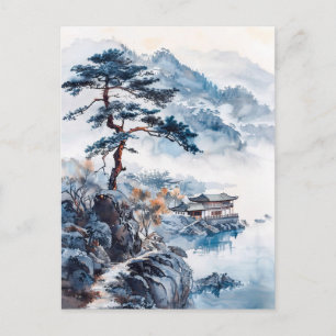 Carte Postale Encre aquarelle de paysage chinois sur un lac