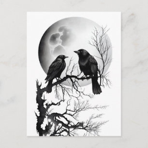 Carte Postale Encre aquarelle du corbeau d'Odin perché sur des b