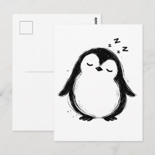 Carte Postale Encre Manchot Endormi Art au Pinceau Noir sur