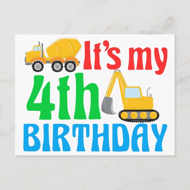 Carte Postale Enfant 4ème anniversaire garçon véhicule de constr (Devant)