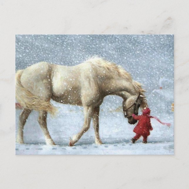 Carte Postale Enfant À La Tête D'Un Cheval Dans La Neige (Devant)