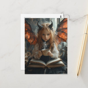 Carte Postale Enfant Ange Sombre Avec Café et un Livre