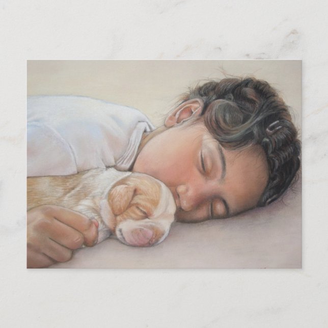 Carte Postale enfant endormi bouddin mignon chiot beagle (Devant)