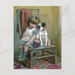 Carte Postale Enfant et chien victorien Mourn Drum cassé