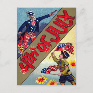 Carte Postale Enfant Oncle Sam Drapeau américain Fireworks