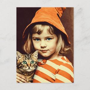 Carte Postale Enfant sorcière et son chat