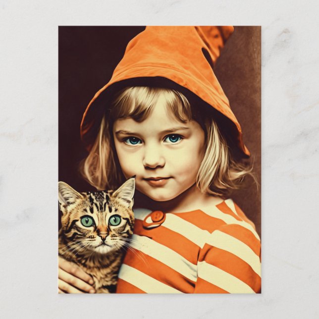 Carte Postale Enfant sorcière et son chat (Devant)