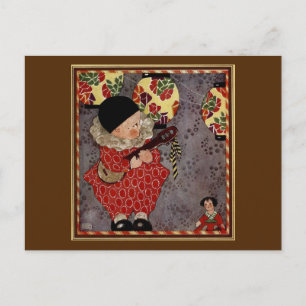 Carte Postale Enfant Vintage Arlequin, Musicien Jouant du Banjo