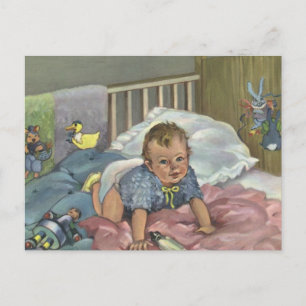 Carte Postale Enfant vintage, Bébé mignon Jouer dans le lit, Tem