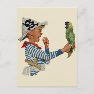 Carte Postale Enfant vintage, Garçon Jouant Pirate Parrot Bird