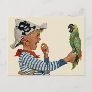 Carte Postale Enfant vintage, Garçon Jouant Pirate Parrot Bird