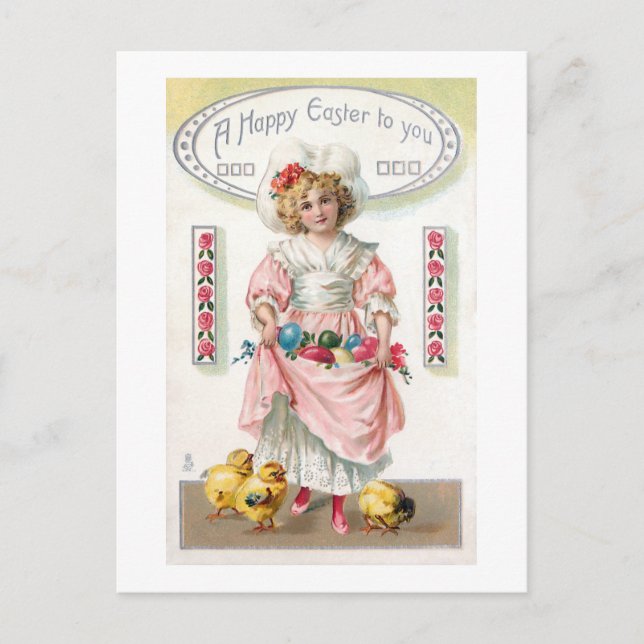 Carte Postale Enfant vintage, oeufs de Pâques et poussins (Devant)