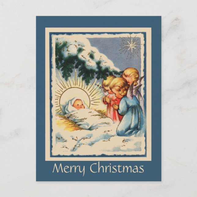 Carte Postale Enfants Anges Bébé Jésus et Pin Neige Arbre (Devant)