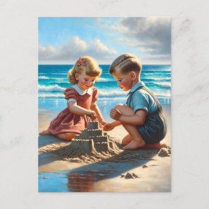 Carte Postale Enfants Bâtir un château de sable sur la plage