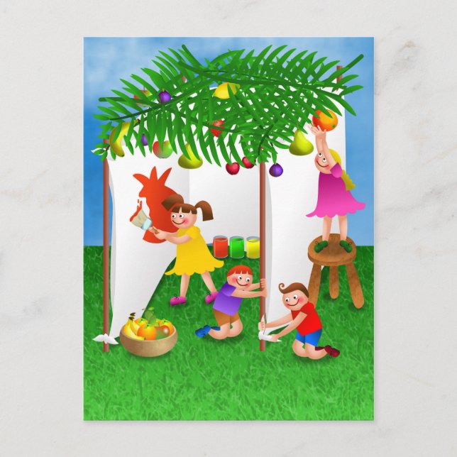 Carte Postale Enfants célébrant la fête juive de Sukkot (Devant)