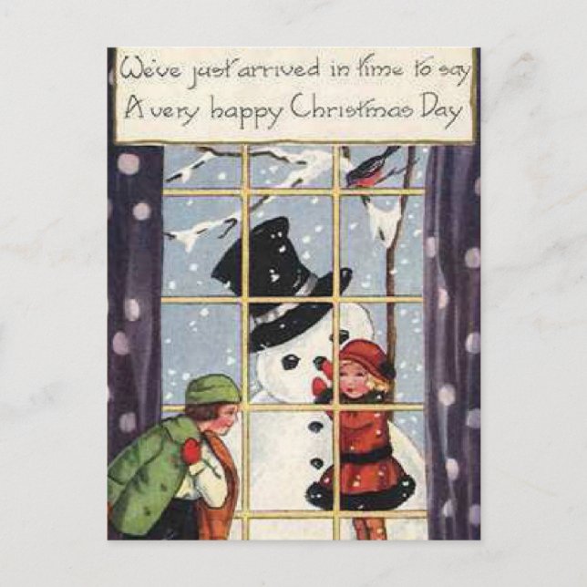 Carte Postale Enfants construisant Snowman (Devant)