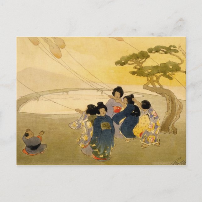 Carte Postale Enfants japonais faisant voler des cerfs-volants - (Devant)