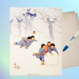Carte Postale Enfants japonais roulant de grandes boules de neig