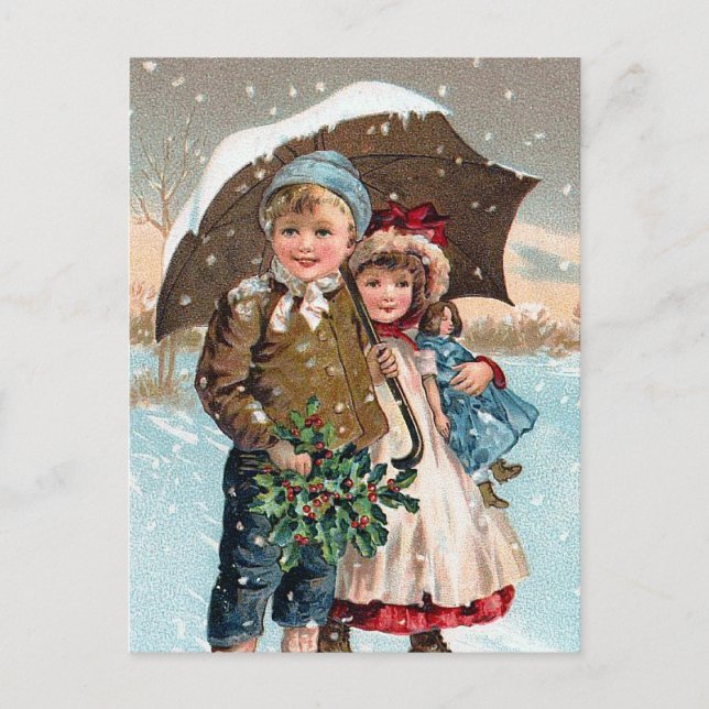 Carte Postale Enfants marchant à travers la neige (Devant)