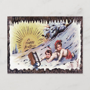 Carte Postale Enfants mignons luge neige soleil faire de la luge