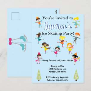 Carte Postale Enfants Patinage sur glace Anniversaire Fête Invit