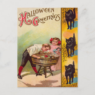 Carte Postale Enfants pêchant des pommes Chat noir