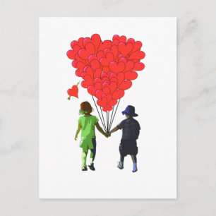 Carte Postale Enfants tenant la main et ballons en forme de coeu