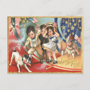 Carte Postale Enfants US Drapeau Chien Feu d'artifice Feu d'arti